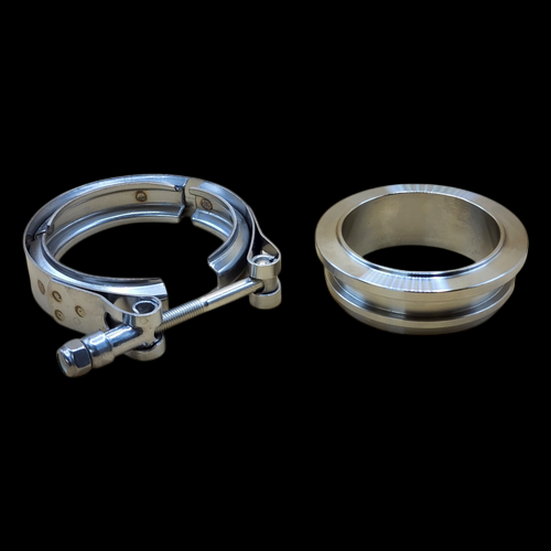 BL Small Frame V-Band Inlet Flange and Clamp Kit, stainless clamp with bolt and matching flange ring