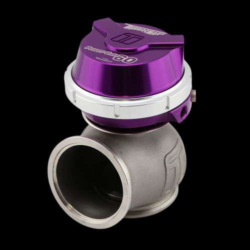 Turbosmart WG60 Power-Gate 60 external wastegate, purple cap, side angle view