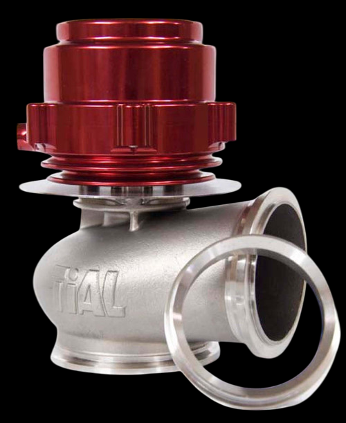 TiAL V60 60mm wastegate in red, angled view showing cast body, clamp ring, and top actuator