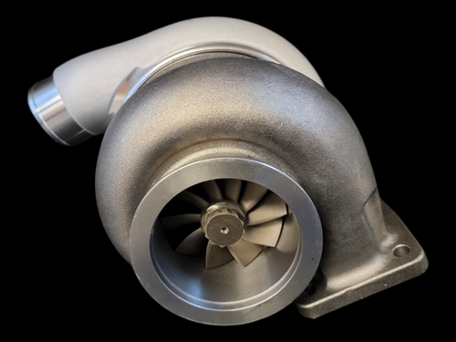 BL8892S billet turbocharger, front angle showing compressor wheel, housing and exhaust flange