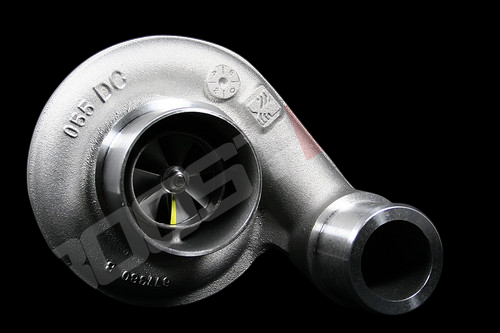 S300SX3-66 turbocharger, 0.91 A/R turbine housing, front angle showing compressor wheel and 90 degree outlet elbow.