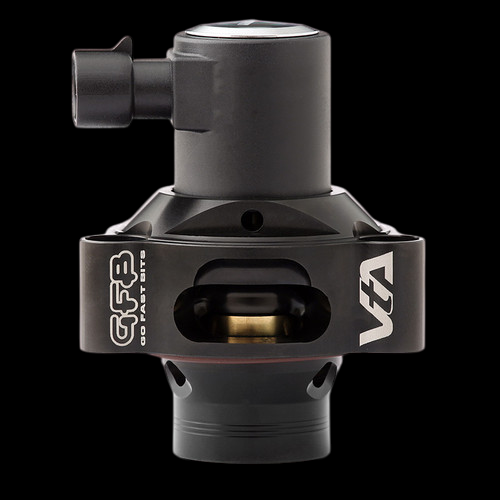 GFB VTA blow off valve, front view showing solenoid, hose fitting, and internal piston window