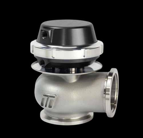 Turbosmart WG40 Compgate 40mm external wastegate, black cap, side view showing v-band flanges