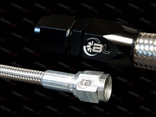 Boost Lab 2JZ Single Turbo Oil Line Kit, braided hose with black and silver AN fittings shown end to end
