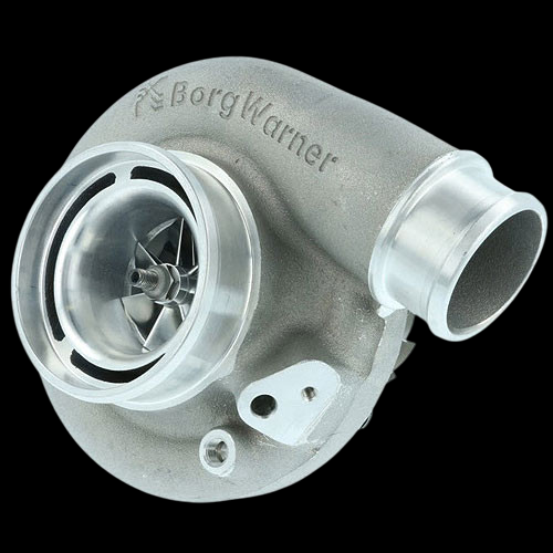 BorgWarner SuperCore SX-E S200SX-E 7670 turbo, angled view showing compressor wheel and housing