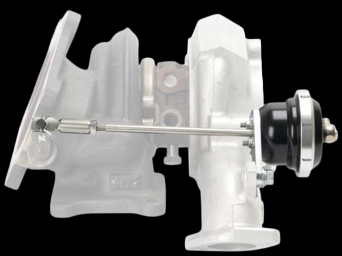 Turbosmart IWG75 black wastegate actuator mounted on turbo housing, side view with linkage rod