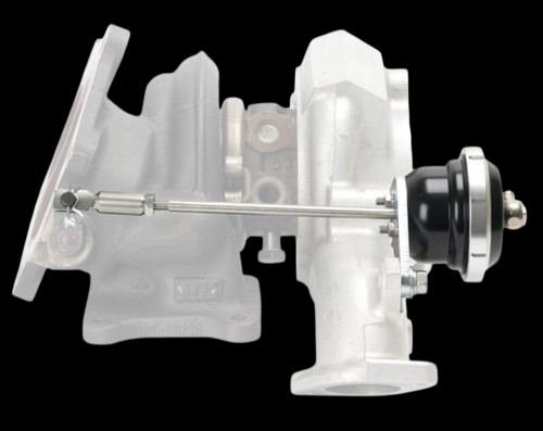 Turbosmart IWG75 black actuator mounted on EVO 10 turbo housing, side angle view