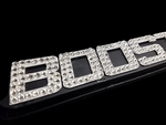 Boost Lab Crystallized License Plate Frame, close up angled view of BOOST lettering with crystals