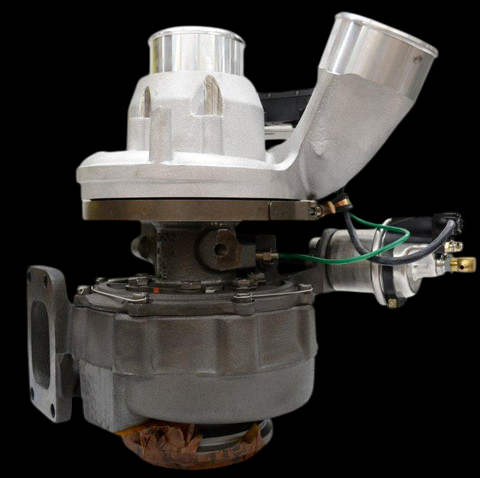 BorgWarner S430V097 turbocharger, side view showing compressor housing, actuator, and mounting flange