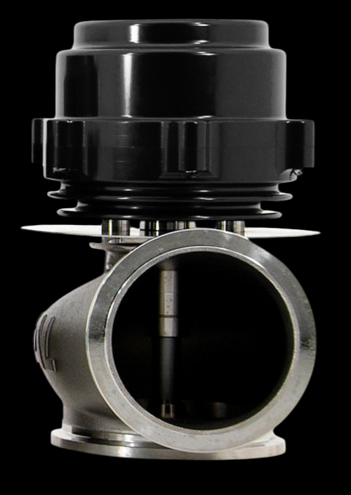 TiAL Sport V60 60mm wastegate, black top cap, side view showing inlet flange and valve stem