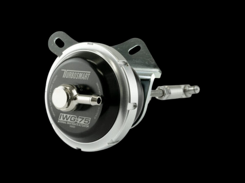 Turbosmart IWG75 5psi wastegate actuator for Fiat 1.4L IHI, angled view showing mounting bracket, rod end and boost nipple fitting