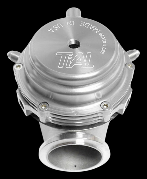 TiAL Sport MVR 44mm wastegate in silver, top down view showing inlet flange, spring housing and mounting bolts.