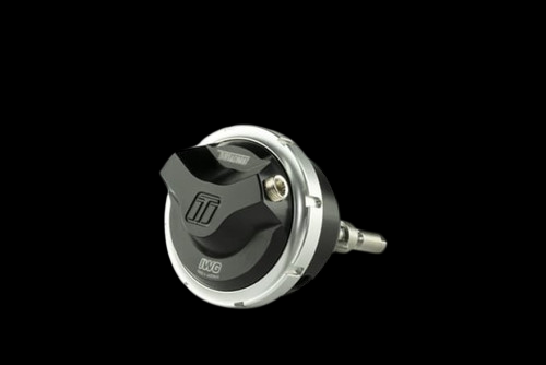 Turbosmart IWG Gen-V black wastegate actuator, angled view showing twin port fittings and rod end