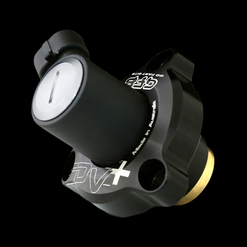 GFB DV+ diverter valve for VW TSI/TFSI, angled view showing top piston and brass fitting