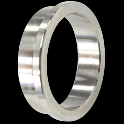 GFB EX38 valve seat, single, angled view showing raised lip and beveled inner bore on black background