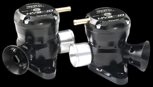 GFB Hybrid TMS dual port blow off valves for R35 GT-R, black bodies with brass fittings, aluminum trumpets
