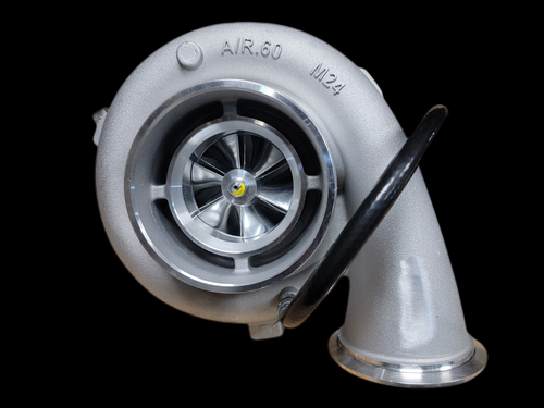 K31 turbocharger replacement for Detroit Diesel Series 60, front view showing compressor wheel and outlet elbow