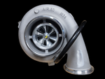 K31 turbocharger replacement for Detroit Diesel Series 60, front view showing compressor wheel and outlet elbow