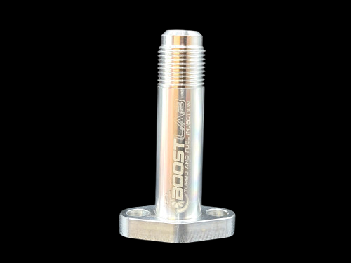 Boost Lab billet extended GT turbo oil drain flange, front angle, threaded barrel with two bolt holes
