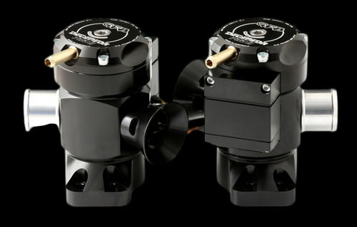 GFB Deceptor Pro II blow off valve kit, front view of two black valves with brass fittings and polished intake ports.