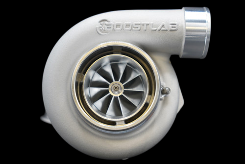 BL6762X billet turbocharger, front view showing compressor wheel, housing and outlet elbow