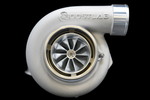 BL6762X billet turbocharger, front view showing compressor wheel, housing and outlet elbow