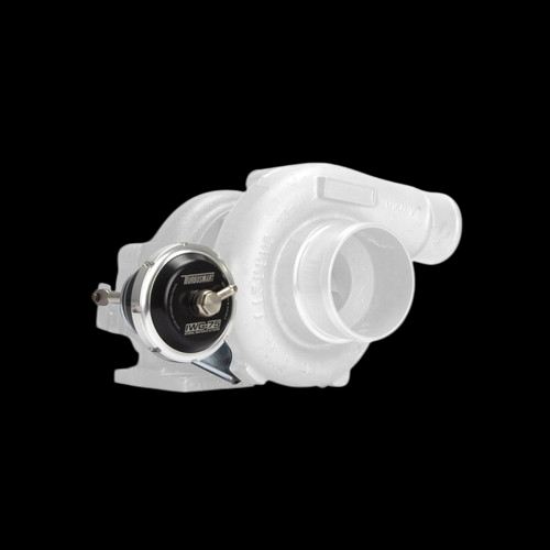 Turbosmart IWG75 black internal wastegate actuator mounted on white Garrett GT2860RS turbo, side view