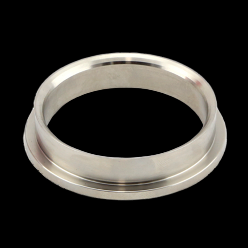 Turbosmart WG50 GenV Pro-Gate 50mm valve seat, angled view showing stainless flange ring on black background