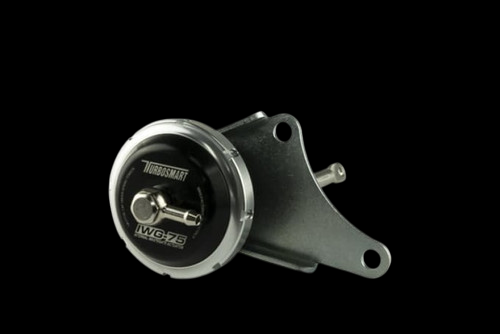 Turbosmart IWG75 wastegate actuator, angled view showing black canister, bracket, and fitting.