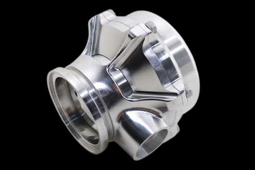 TiAL Sport QR BOV 29mm polished aluminum housing, angled view showing inlet, outlet and side port