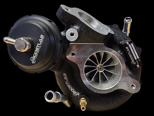 Boost Lab TD06SL2-54X turbocharger, front angle showing compressor wheel, wastegate actuator and fittings