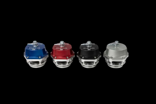 Garrett GVB-50R 50mm RCV BOV in blue, front view, four color options shown, silver base flange visible