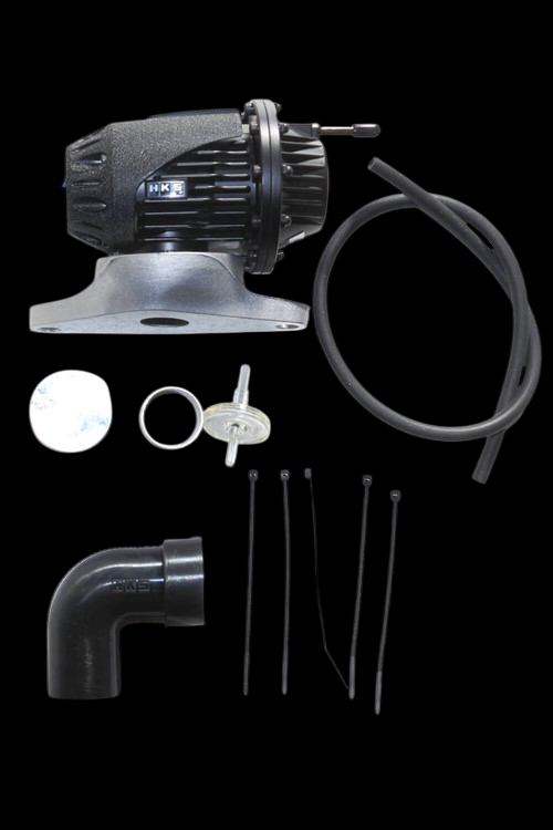 HKS SSQV4 blow off valve kit with black elbow adapter, hose, mounting flange and zip ties laid out