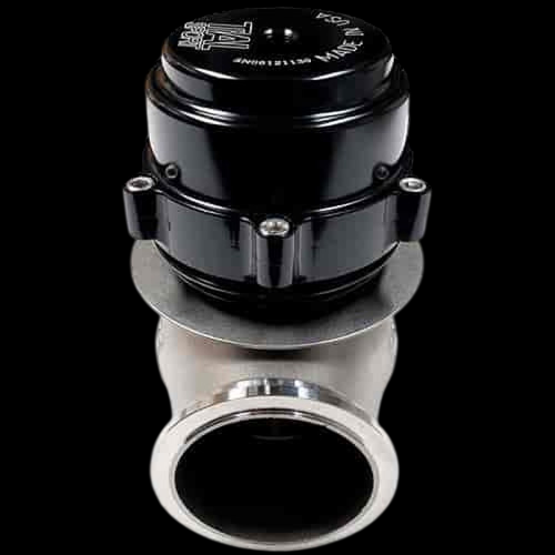 TiAL Sport V50 wastegate, 50mm, black top cap, front view showing bolted flange and inlet port