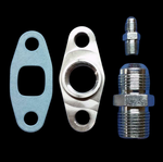 BL T3/T4 turbo oil fitting kit showing gasket, drain flange, and two NPT fittings on black background