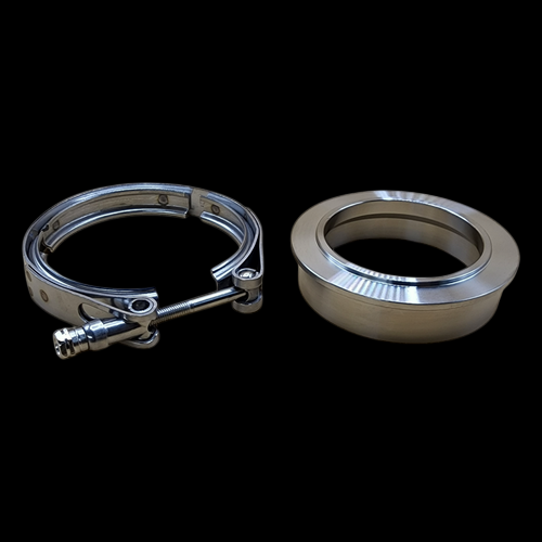 Boost Lab BL 1.31 A/R V-band housing inlet flange and clamp kit, stainless clamp beside welded flange ring