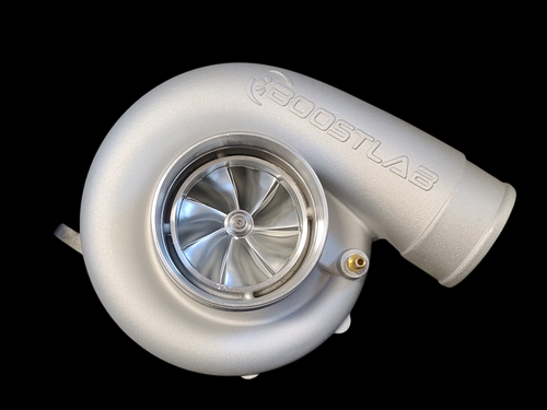 BoostLab BL7875R billet turbocharger, front view showing compressor wheel, wastegate port, outlet