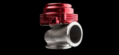 TiAL Sport MVR 44mm wastegate in red, side angle view showing top cap, spring housing, and inlet flange.
