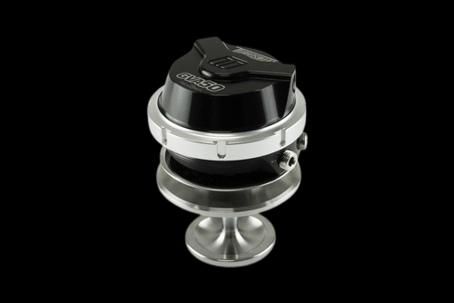 Turbosmart Gas Valve Actuator 50 14psi in black, angled view showing dome cap, clamp band and inlet fitting