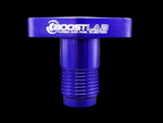 Front view of Boost Lab BL Billet GT Series Turbo Oil Drain Flange, purple anodized, threaded fitting.
