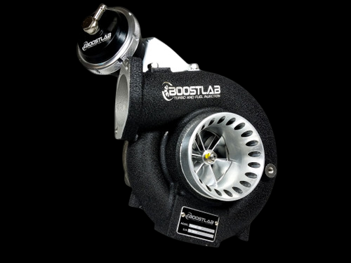 Boost Lab Evo 8/9 Billet TD06HR-25G turbo, angled front view showing compressor wheel and wastegate