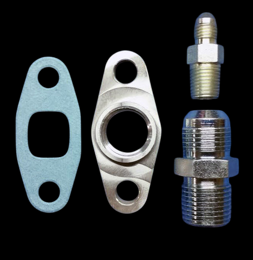 BL T3/T4 turbo oil fitting kit showing gasket, drain flange, and two brass and steel NPT fittings