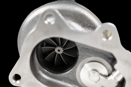 Boost Lab TD05H-20G turbocharger, close up front view showing compressor wheel, housing and mounting flange