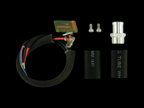 Turbosmart Gen V E-Gate sensor kit, wiring harness, screws, heat shrink tubes, aluminum fitting on black background