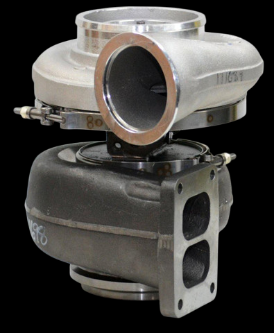 BorgWarner S400S061 turbocharger, front angle view showing compressor housing, cast turbine side with T4 flange, and oil fittings.