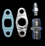 BL T3/T4 turbo oil fitting kit showing gasket, drain flange, banjo bolt, and NPT adapter fitting