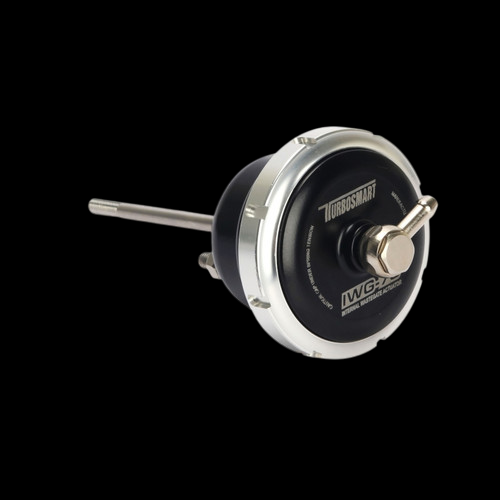 Turbosmart IWG75 black internal wastegate actuator, angled view showing rod, arm and clamp ring