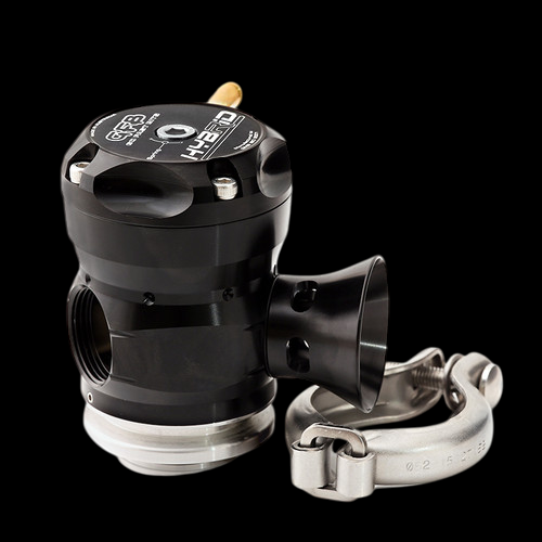 GFB Universal Weld On Hybrid TMS Dual Outlet Valve shown at an angle with trumpet outlet and V band clamp