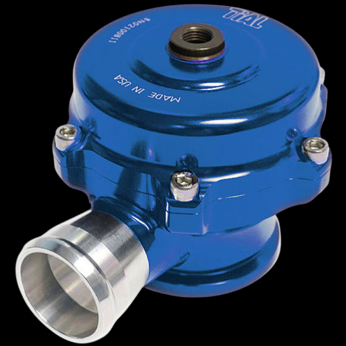 TiAL Sport QR BOV 29mm, blue anodized body, angled view showing top cap, hex bolts, and inlet flange.