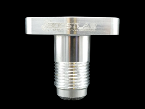 Boost Lab billet EFR turbo oil drain flange, -10AN, front view showing threaded fitting and flat top plate